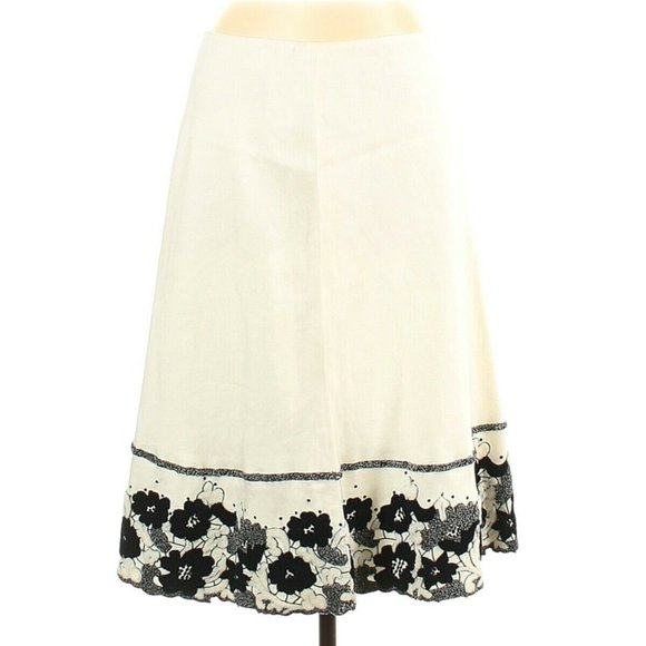 NWT $350 SILK LINEN DANA BUCHMAN BLACK WHITE A-LINE SKIRT FLORAL EMBROIDERY